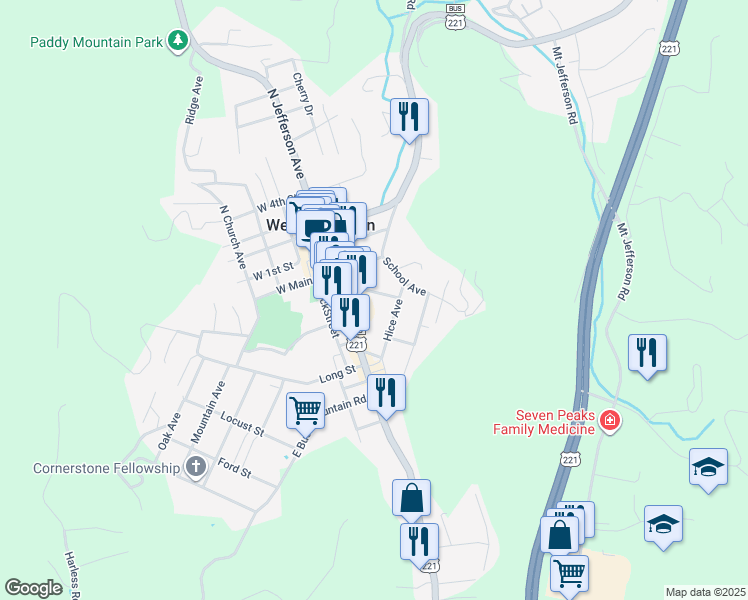 map of restaurants, bars, coffee shops, grocery stores, and more near 230 Hice Avenue in West Jefferson