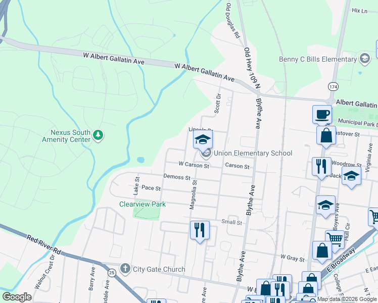 map of restaurants, bars, coffee shops, grocery stores, and more near 661 Lincoln Drive in Gallatin