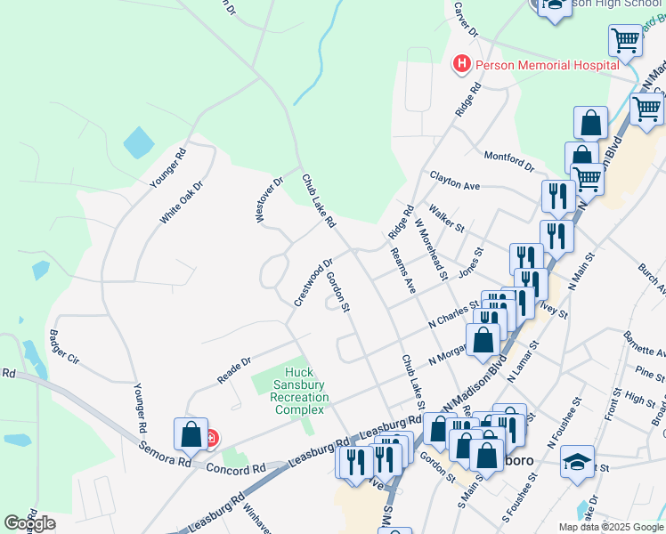 map of restaurants, bars, coffee shops, grocery stores, and more near 114 Crestwood Drive in Roxboro