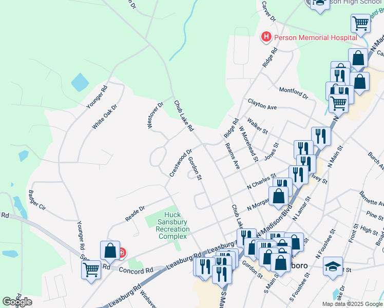 map of restaurants, bars, coffee shops, grocery stores, and more near 114 Crestwood Drive in Roxboro