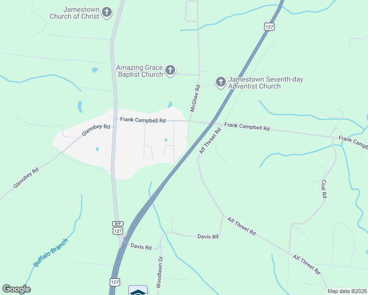 map of restaurants, bars, coffee shops, grocery stores, and more near 115 North Alf Threet Road in Jamestown