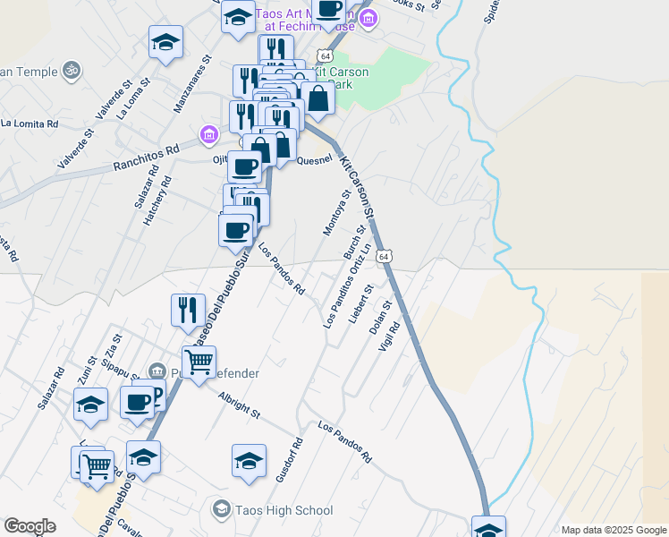 map of restaurants, bars, coffee shops, grocery stores, and more near 311 Montoya Street in Taos