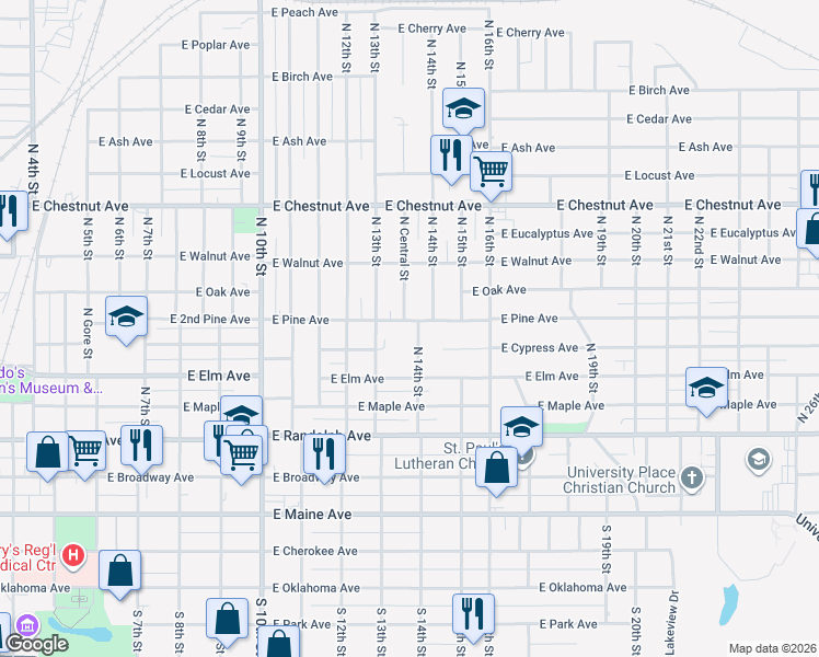 map of restaurants, bars, coffee shops, grocery stores, and more near 442 North 14th Street in Enid