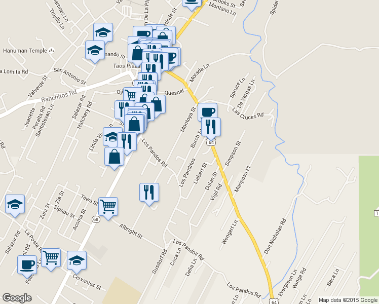 map of restaurants, bars, coffee shops, grocery stores, and more near 415 Burch Street in Taos