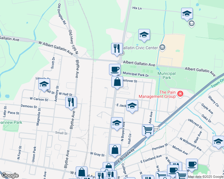 map of restaurants, bars, coffee shops, grocery stores, and more near 129 Ross Avenue in Gallatin