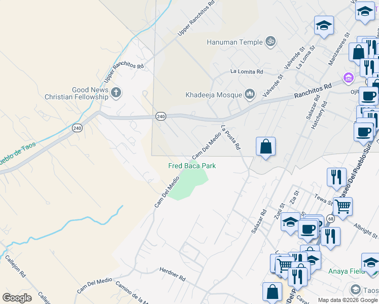 map of restaurants, bars, coffee shops, grocery stores, and more near 300 Camino Del Medio in Taos