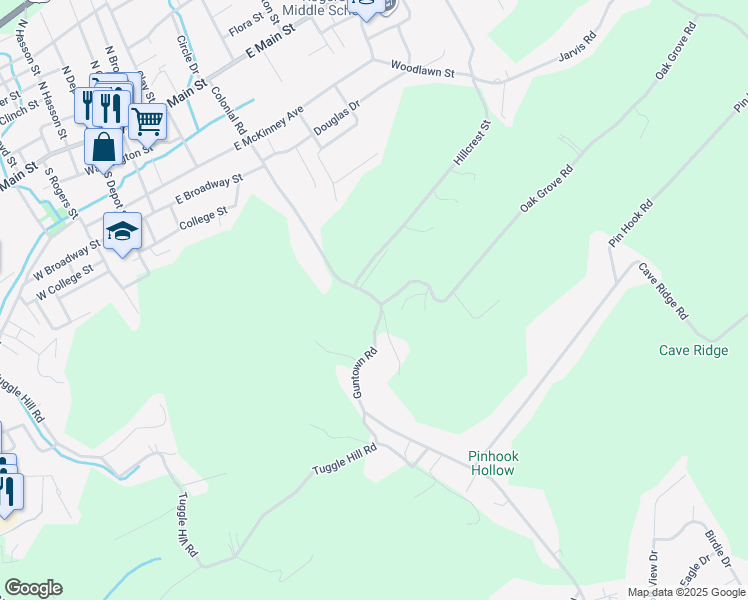map of restaurants, bars, coffee shops, grocery stores, and more near 407 Colonial Road in Rogersville