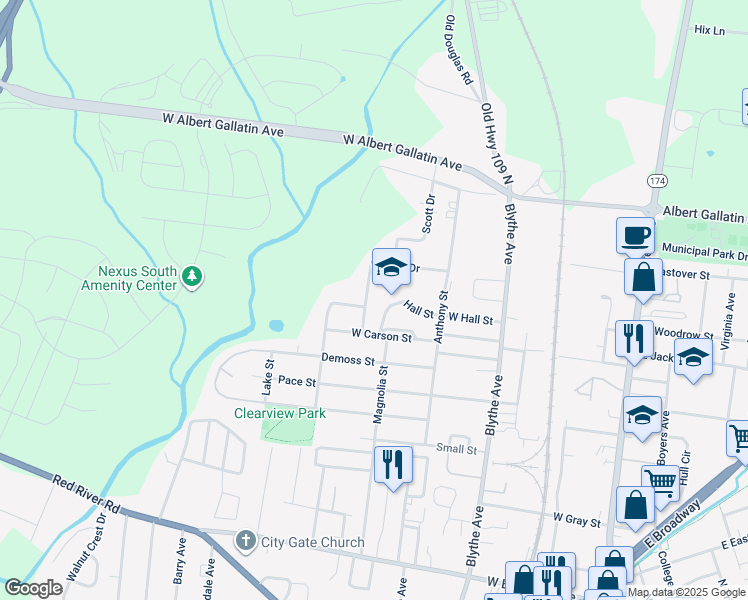 map of restaurants, bars, coffee shops, grocery stores, and more near 727 Lincoln Drive in Gallatin