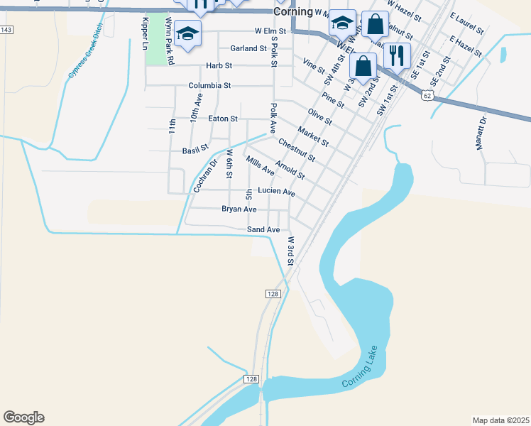 map of restaurants, bars, coffee shops, grocery stores, and more near 1107 Southwest 4th Street in Corning