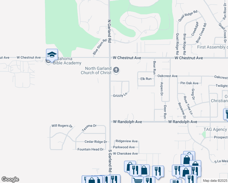 map of restaurants, bars, coffee shops, grocery stores, and more near 527 Cumberland Trail in Enid