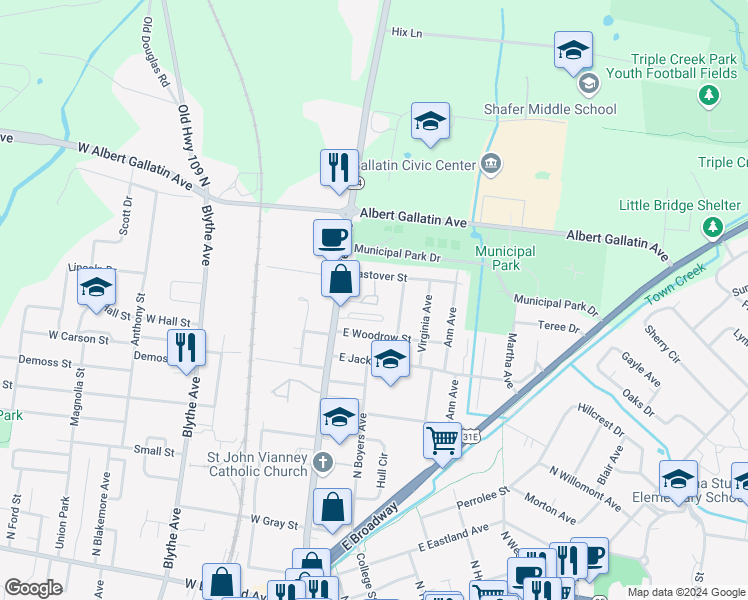 map of restaurants, bars, coffee shops, grocery stores, and more near 731 North Water Avenue in Gallatin