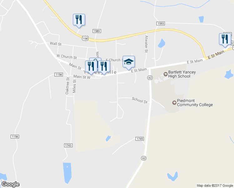map of restaurants, bars, coffee shops, grocery stores, and more near Dillard School Drive in Yanceyville
