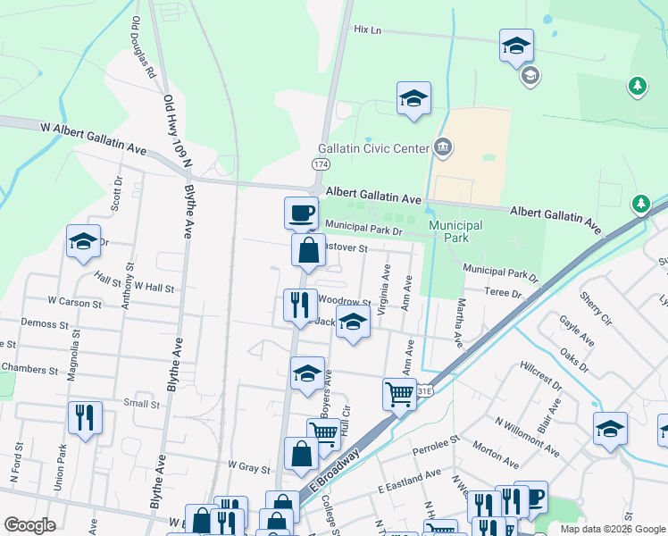 map of restaurants, bars, coffee shops, grocery stores, and more near 203 Eastover Street in Gallatin
