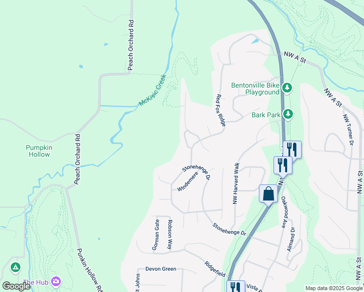 map of restaurants, bars, coffee shops, grocery stores, and more near 2905 Saratoga Lane in Bentonville