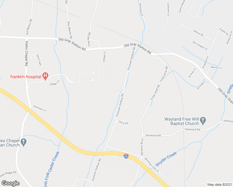 map of restaurants, bars, coffee shops, grocery stores, and more near 197 Possum Hollow Road in Johnson City