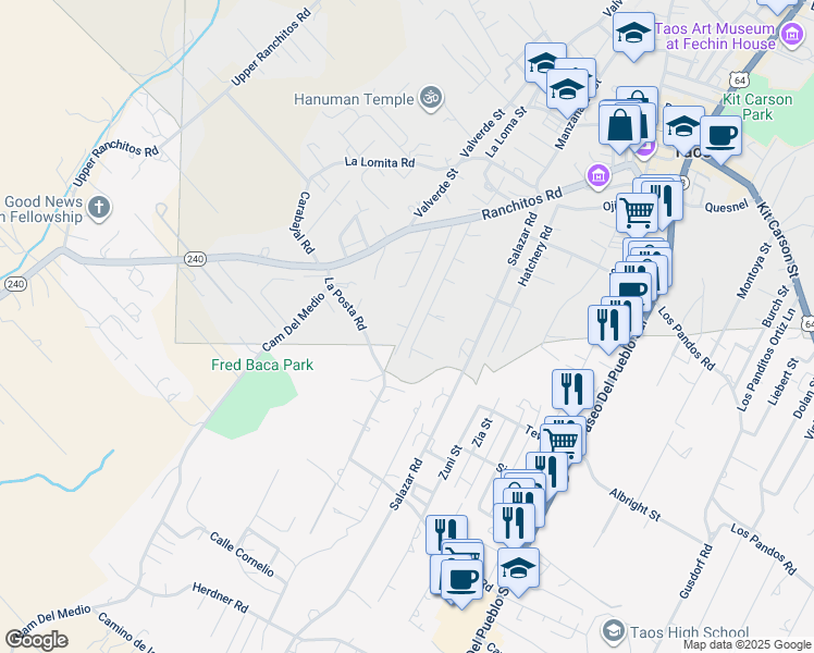 map of restaurants, bars, coffee shops, grocery stores, and more near 320 Peralta Rd in Taos