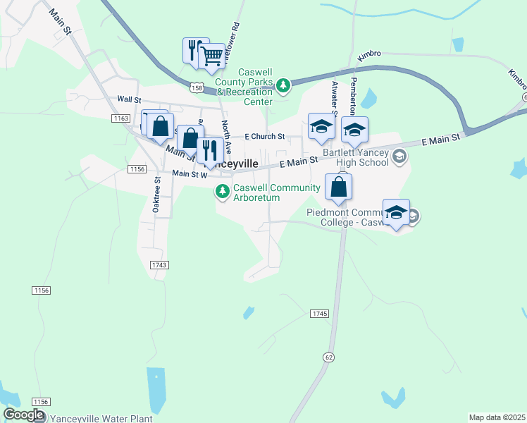 map of restaurants, bars, coffee shops, grocery stores, and more near 241 Dillard School Drive in Yanceyville
