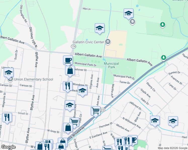 map of restaurants, bars, coffee shops, grocery stores, and more near 760 Virginia Avenue in Gallatin
