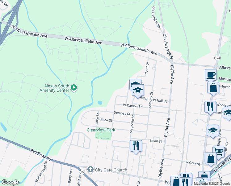 map of restaurants, bars, coffee shops, grocery stores, and more near 676 Center Street in Gallatin