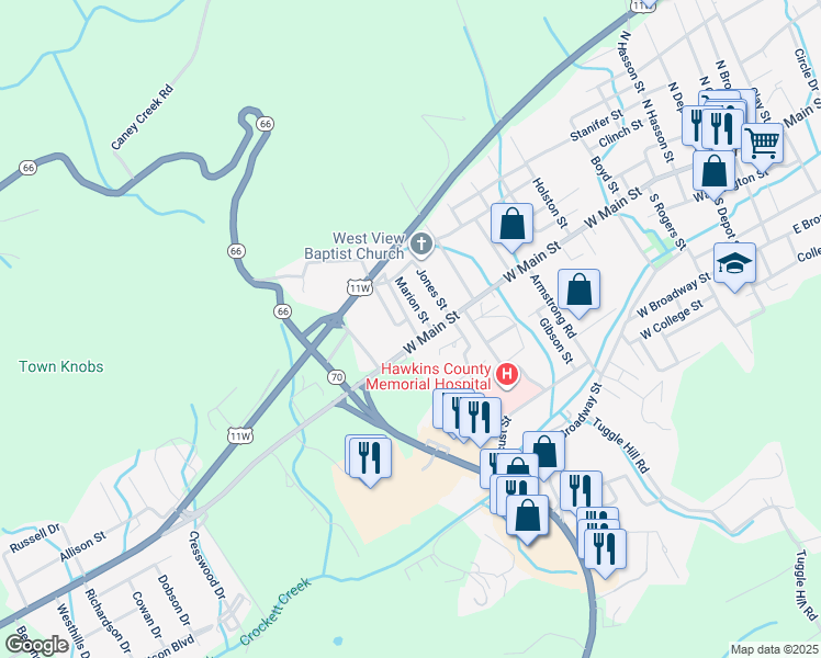 map of restaurants, bars, coffee shops, grocery stores, and more near 1007 West Main Street in Rogersville