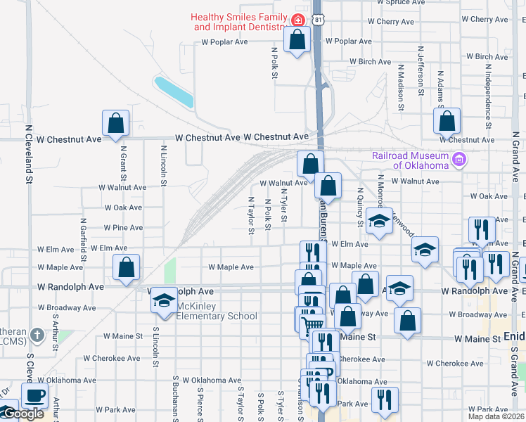 map of restaurants, bars, coffee shops, grocery stores, and more near 1303 West Oak Avenue in Enid