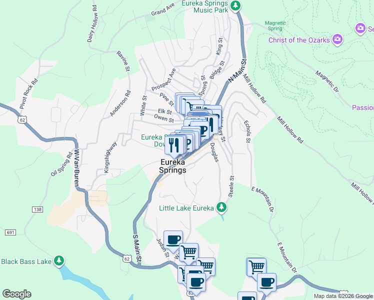 map of restaurants, bars, coffee shops, grocery stores, and more near 1 Benton Street in Eureka Springs