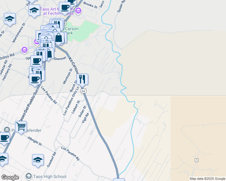 map of restaurants, bars, coffee shops, grocery stores, and more near 298 Mariposa Place in Taos