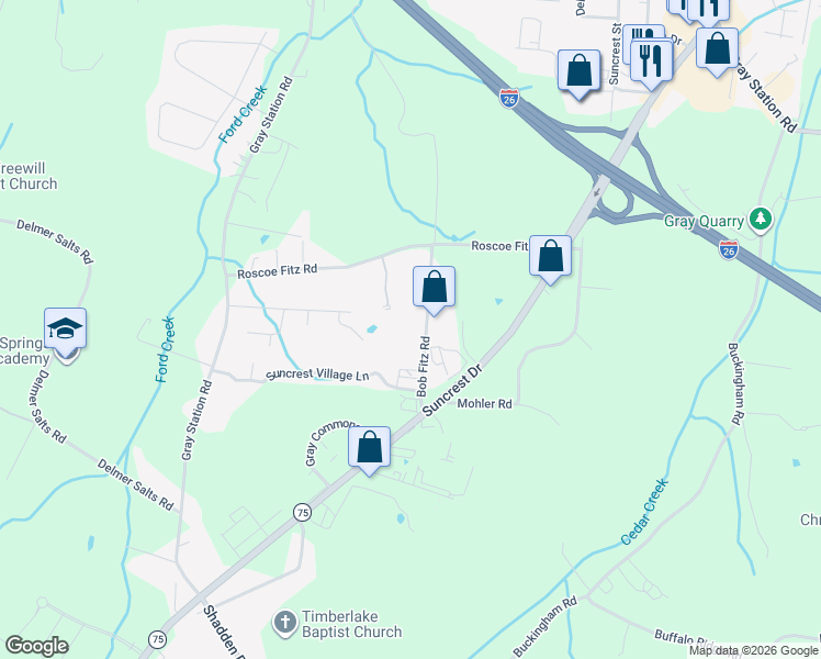 map of restaurants, bars, coffee shops, grocery stores, and more near 147 Bob Fitz Road in Gray