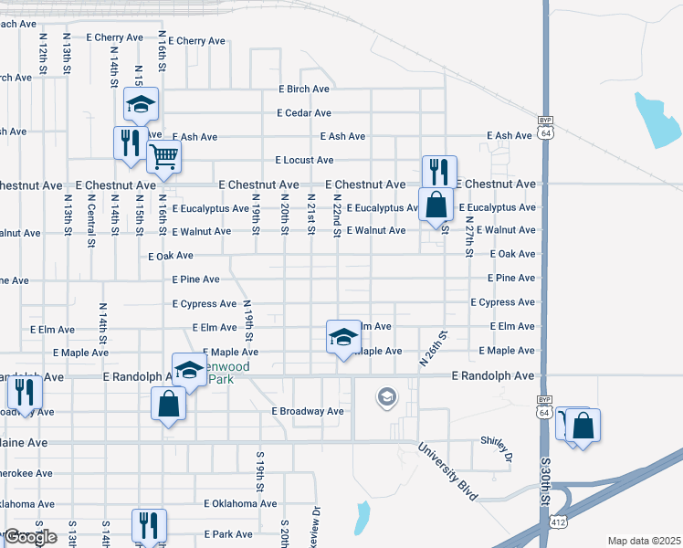 map of restaurants, bars, coffee shops, grocery stores, and more near 2202 East Pine Avenue in Enid
