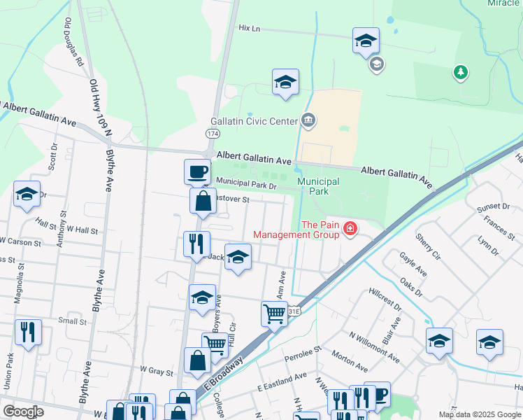 map of restaurants, bars, coffee shops, grocery stores, and more near 760 Virginia Avenue in Gallatin