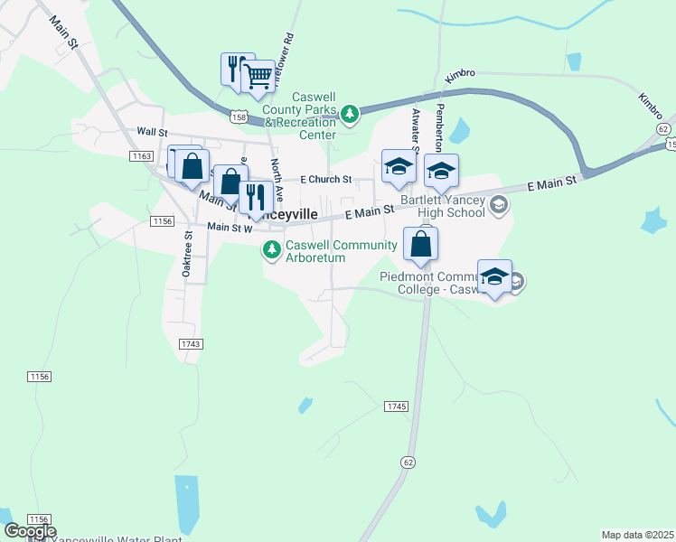 map of restaurants, bars, coffee shops, grocery stores, and more near 241 Dillard School Drive in Yanceyville