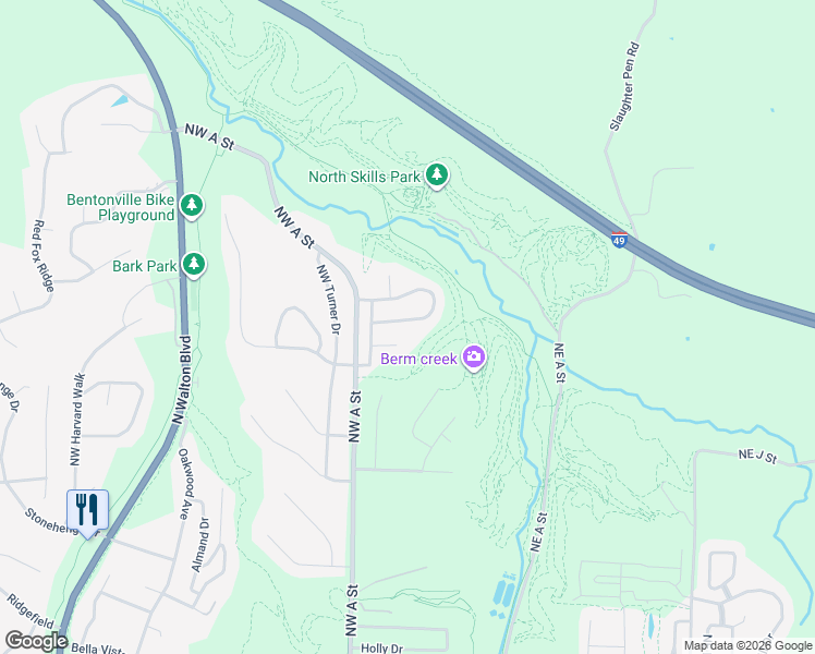map of restaurants, bars, coffee shops, grocery stores, and more near 43 Valley View Circle in Bentonville