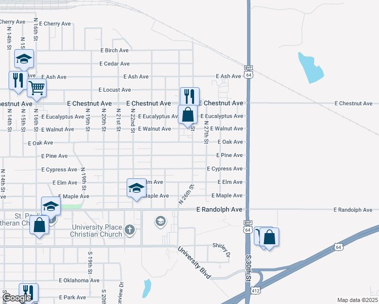map of restaurants, bars, coffee shops, grocery stores, and more near 2516 East Pine Avenue in Enid