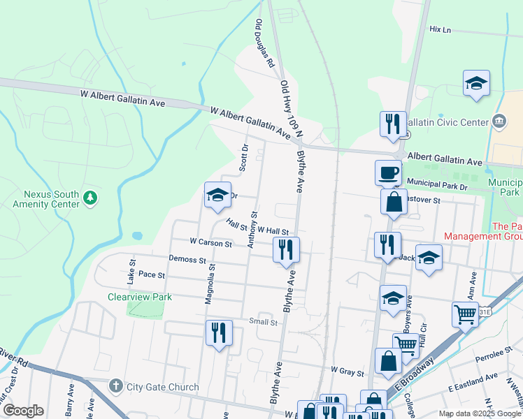 map of restaurants, bars, coffee shops, grocery stores, and more near 723 Anthony Street in Gallatin