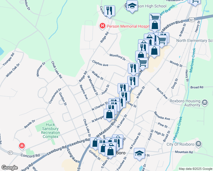 map of restaurants, bars, coffee shops, grocery stores, and more near 411 Jones Street in Roxboro