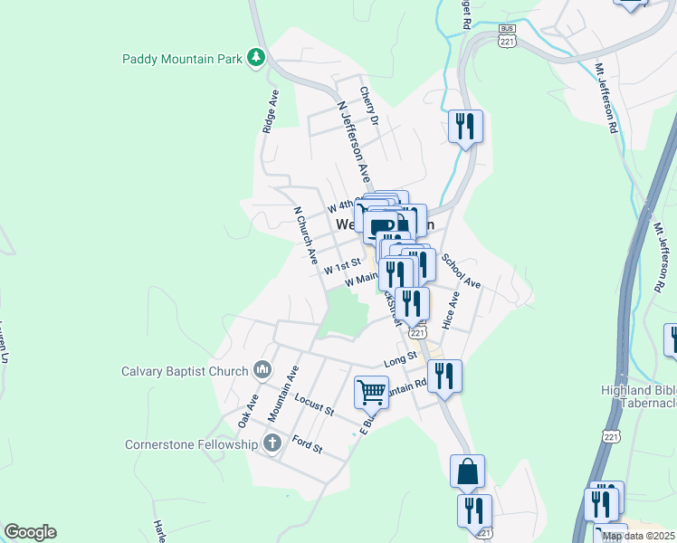 map of restaurants, bars, coffee shops, grocery stores, and more near 3 College Avenue in West Jefferson