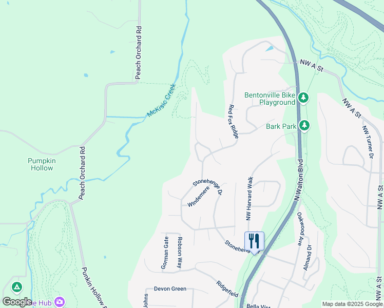 map of restaurants, bars, coffee shops, grocery stores, and more near 2905 Saratoga Lane in Bentonville