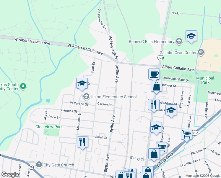 map of restaurants, bars, coffee shops, grocery stores, and more near 723 Anthony Street in Gallatin