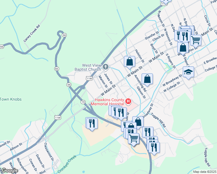 map of restaurants, bars, coffee shops, grocery stores, and more near 1007 West Main Street in Rogersville