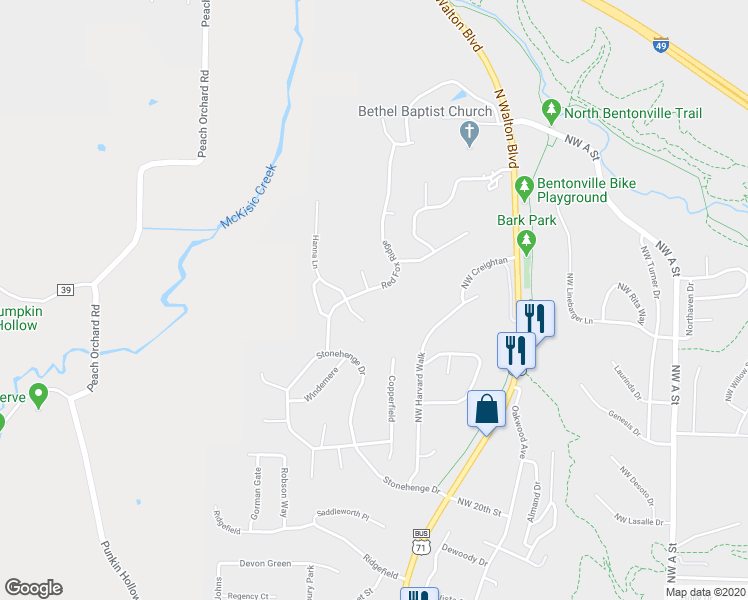 map of restaurants, bars, coffee shops, grocery stores, and more near 2904 Red Fox Ridge in Bentonville