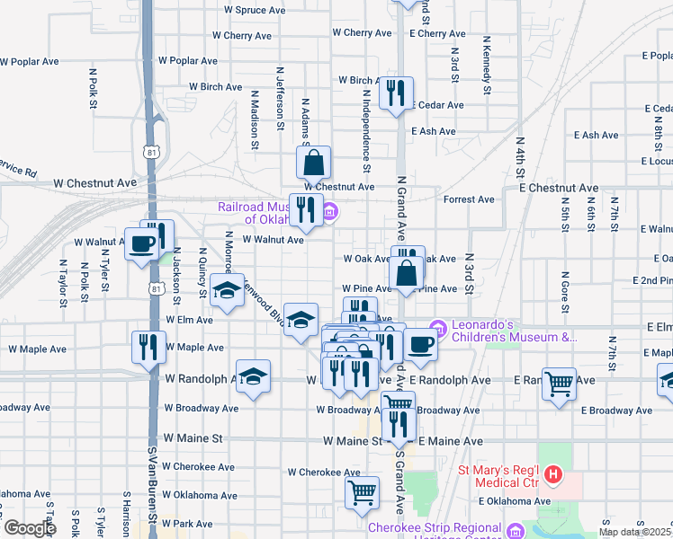 map of restaurants, bars, coffee shops, grocery stores, and more near 223 West Oak Avenue in Enid
