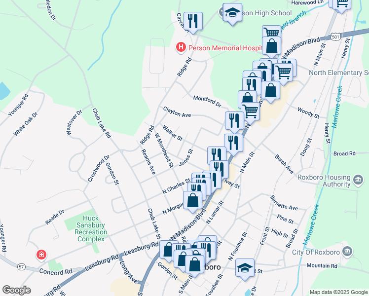 map of restaurants, bars, coffee shops, grocery stores, and more near 411 Jones Street in Roxboro