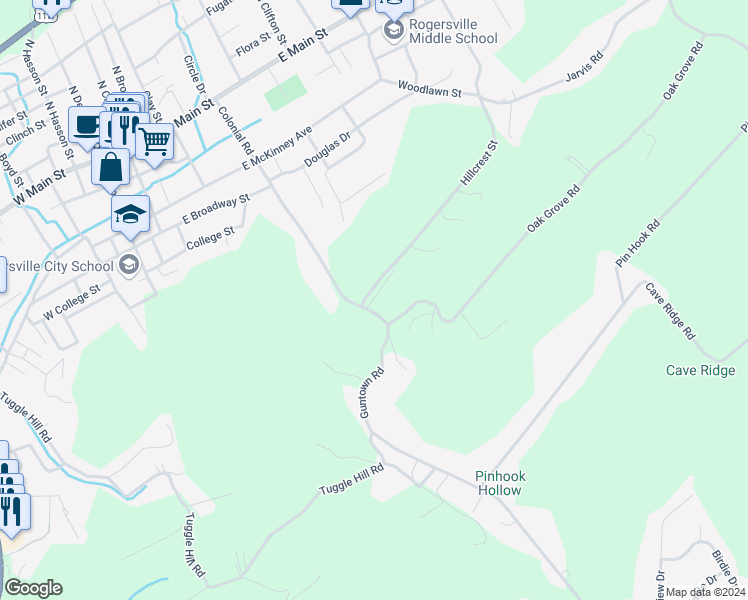 map of restaurants, bars, coffee shops, grocery stores, and more near 407 Colonial Road in Rogersville