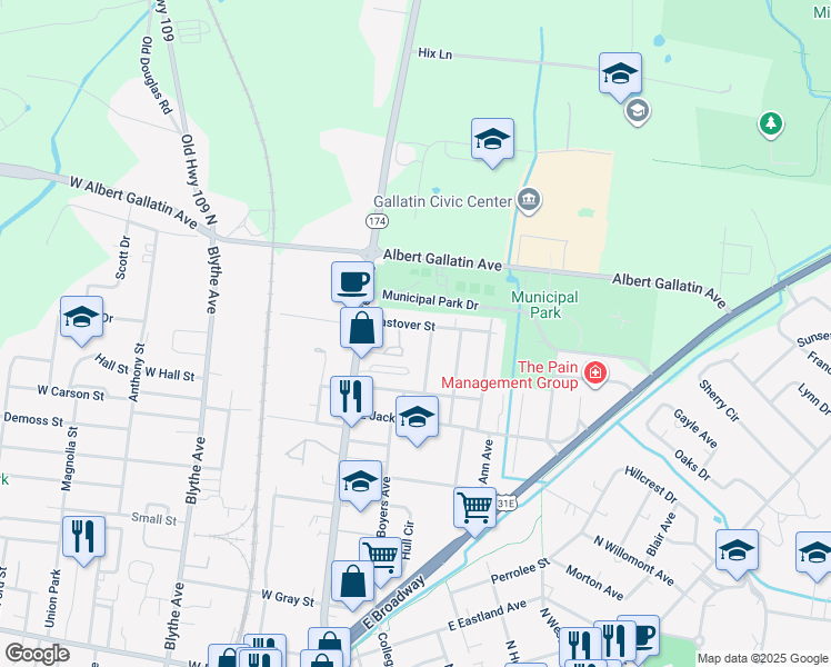 map of restaurants, bars, coffee shops, grocery stores, and more near 203 Eastover Street in Gallatin