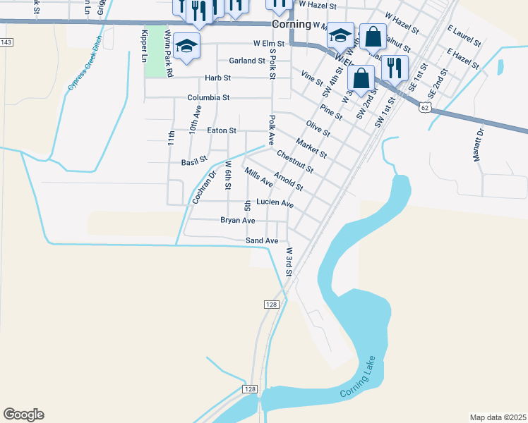 map of restaurants, bars, coffee shops, grocery stores, and more near 1107 Southwest 4th Street in Corning