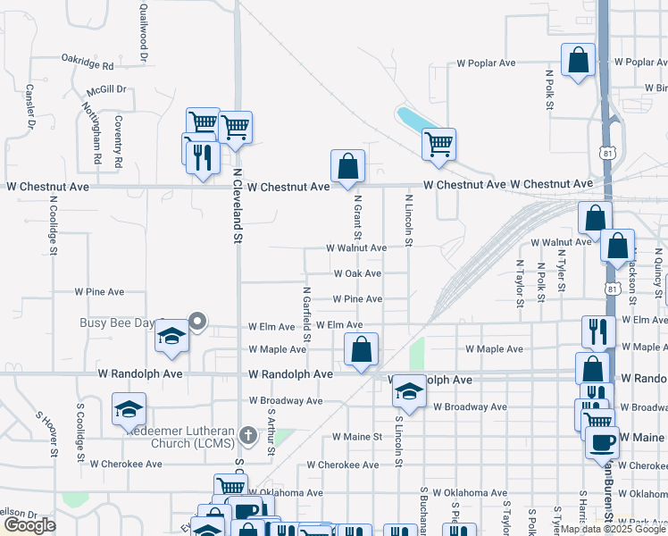 map of restaurants, bars, coffee shops, grocery stores, and more near 2026 West Oak Avenue in Enid