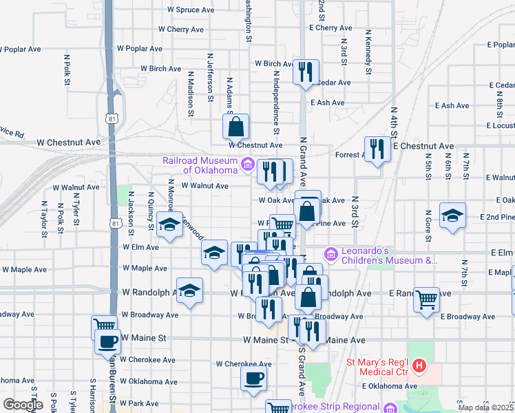 map of restaurants, bars, coffee shops, grocery stores, and more near 223 West Oak Avenue in Enid