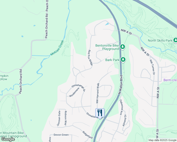 map of restaurants, bars, coffee shops, grocery stores, and more near 2906 Red Fox Ridge in Bentonville