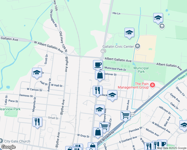 map of restaurants, bars, coffee shops, grocery stores, and more near 129 Ross Avenue in Gallatin