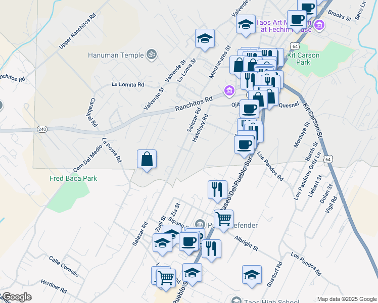 map of restaurants, bars, coffee shops, grocery stores, and more near 383 Hatchery Road in Taos